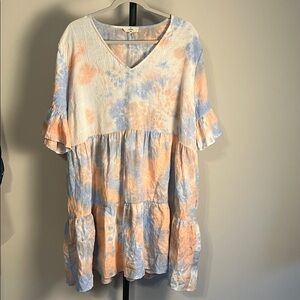 EUC Entro tie dye tiered dress crinkle lined pockets blue peach white plus 1X